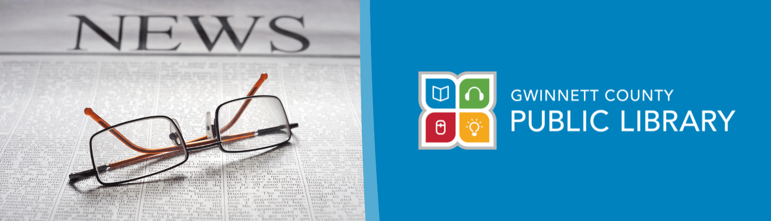 Gwinnett County Public Library logo with glasses on newspaper.