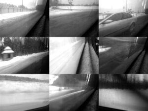 Collage of speeding car reflections in snowy landscape.