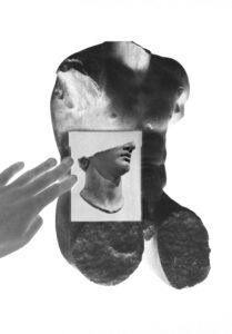 Collage of hand, statue bust, and torso.