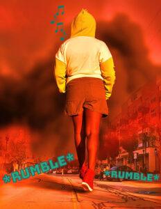 Person walking in smoky city with music notes.