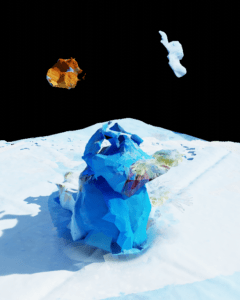 Colorful abstract glacier and floating shapes.
