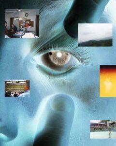 Surreal eye collage with various small images.