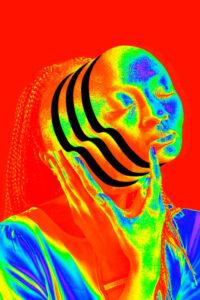 Colorful abstract portrait with wave pattern overlay.
