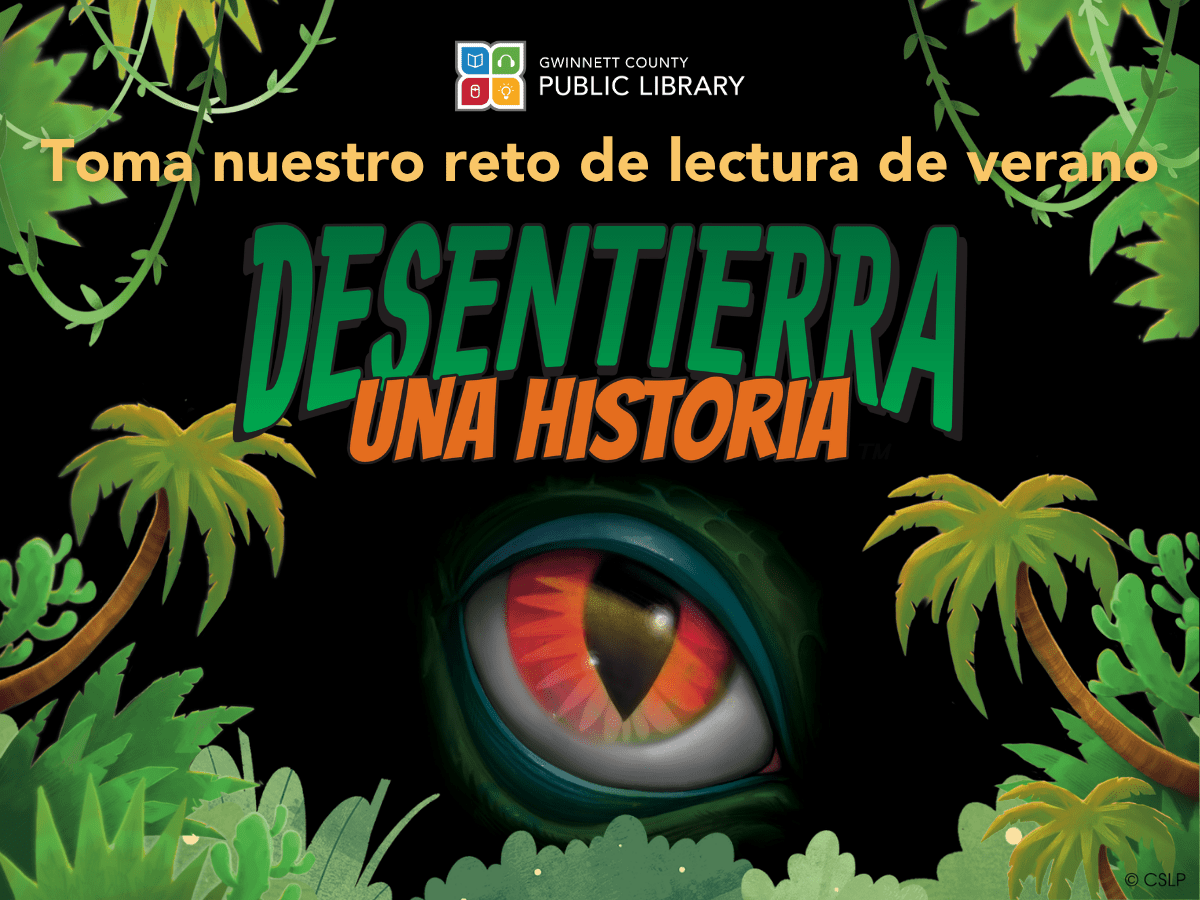 Spanish summer reading challenge poster with dinosaur eye
