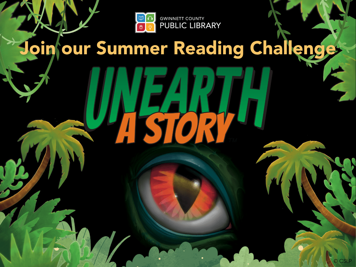 Library summer reading challenge poster with reptile eye