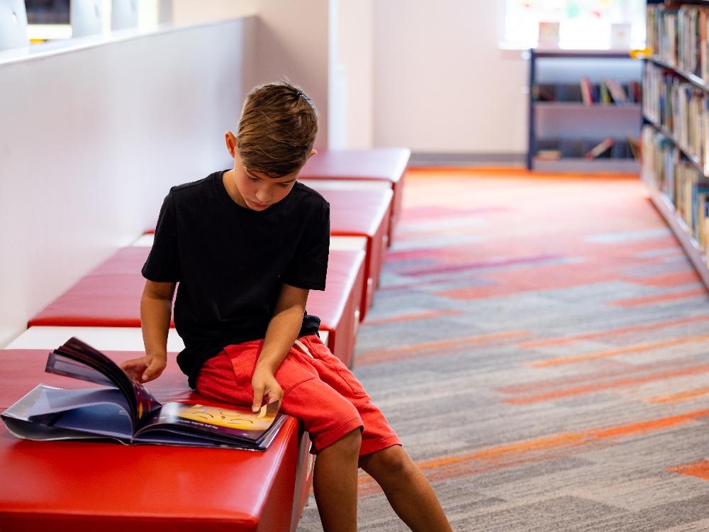 Child reading book on a library bench.