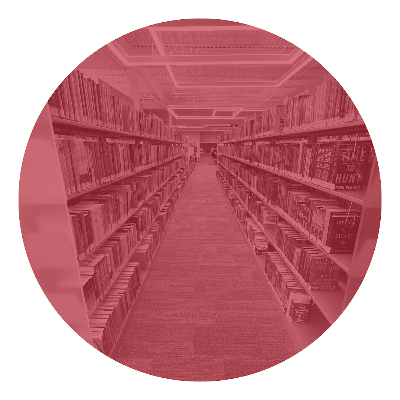 Bookshelves in library aisle with red filter