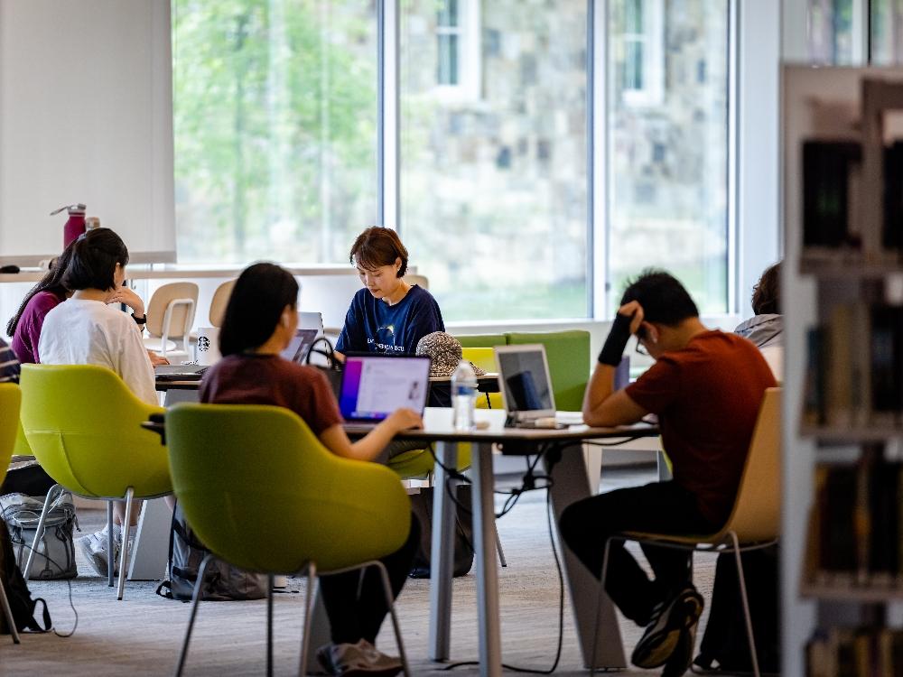 welcoming spaces for tech work 4 Students studying in library with laptops.