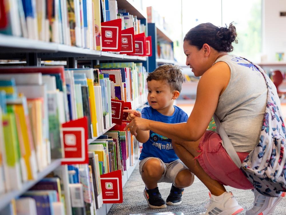 mom and child picking out a book Mom and child choosing books at library.