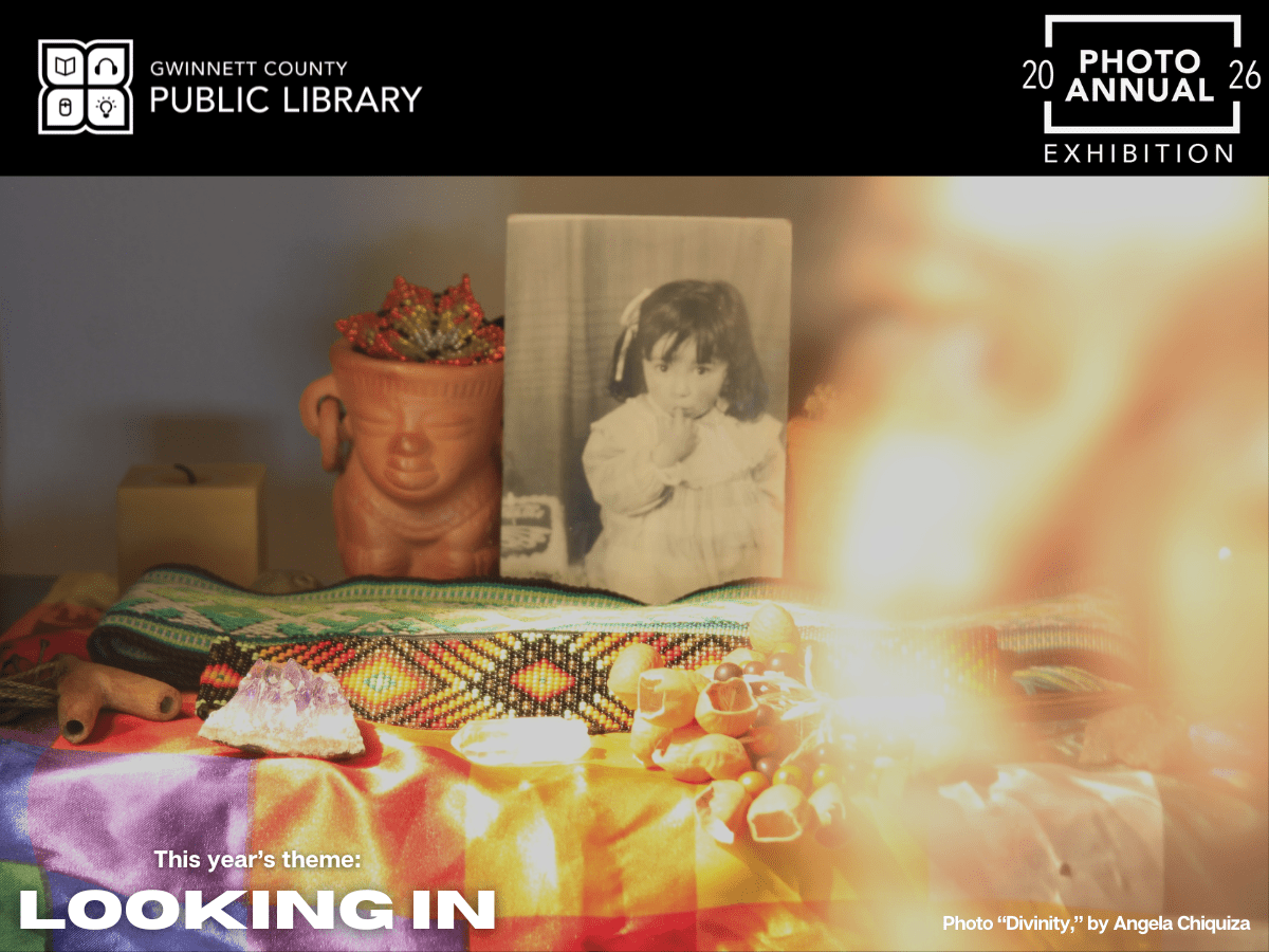 Library photo exhibition poster featuring spiritual objects and childhood portrait