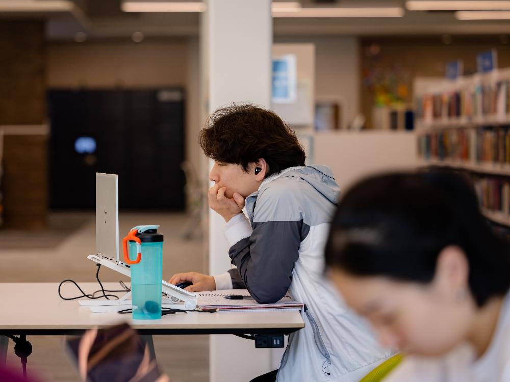 teen at library looking at laptop Person studying at computer in library