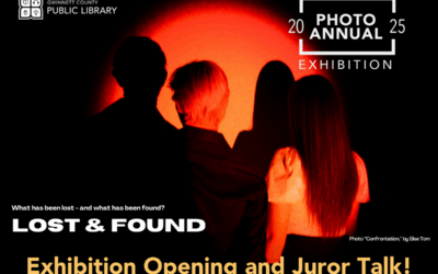 Photo exhibition poster with silhouettes and a red background.