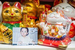 Lucky cat figurines and child's photo on shelf.