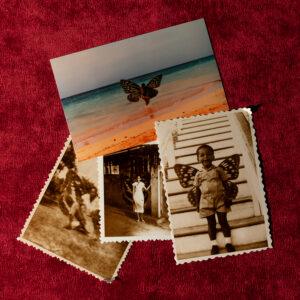 Vintage photos with butterfly wings on red cloth.