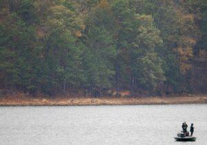 Two people fishing on a lake near trees.