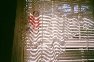 Lace curtain with floral design and window blinds