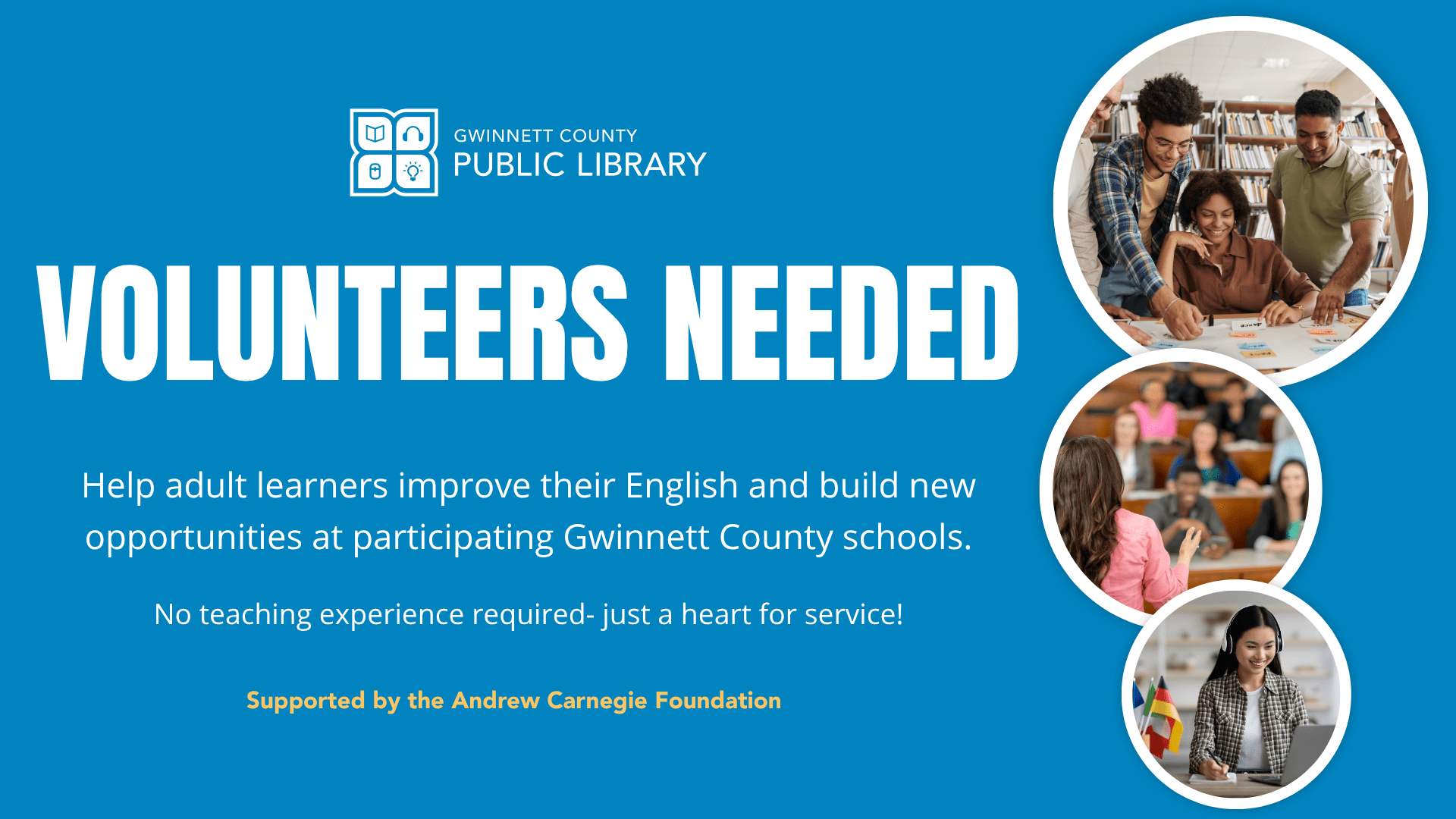 family literacy volunteers facebook event Gwinnett County Public Library volunteer recruitment poster