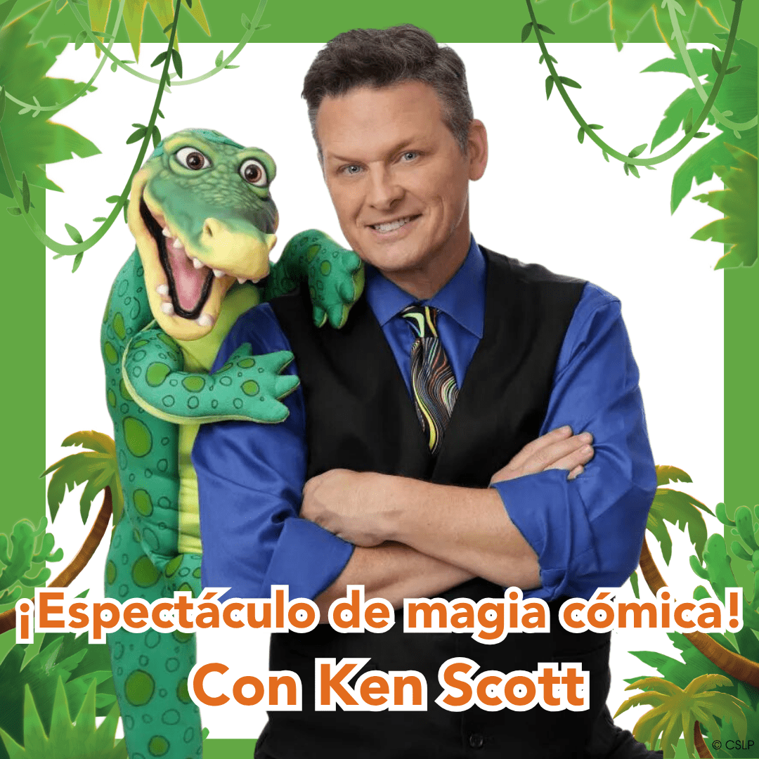spanish ken scott Magician Ken Scott with green dinosaur puppet