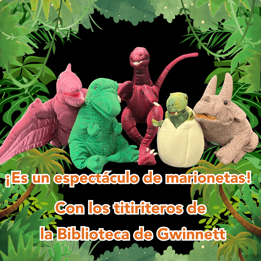 spanish puppet show Colorful dinosaur puppets framed by jungle leaves